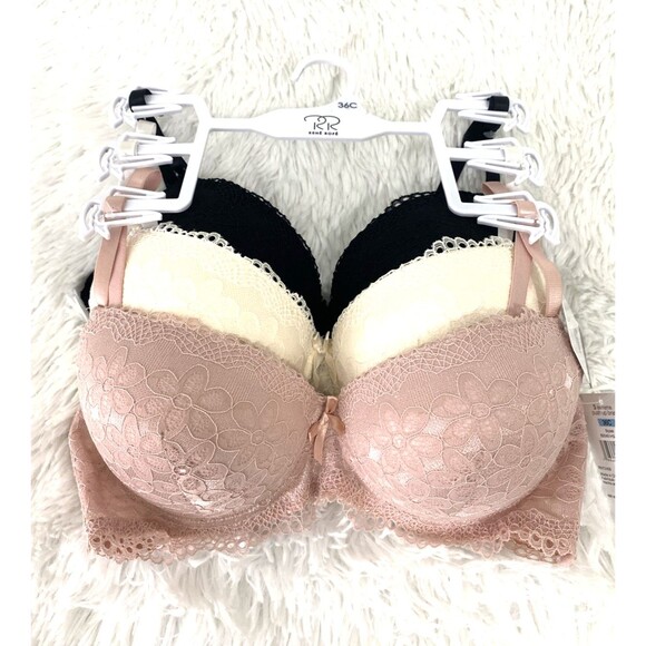 Rene Rofe Extrem Push Up Bra 3 Pack Size 36C Lace Floral Pink Beige Black - Picture 8 of 11